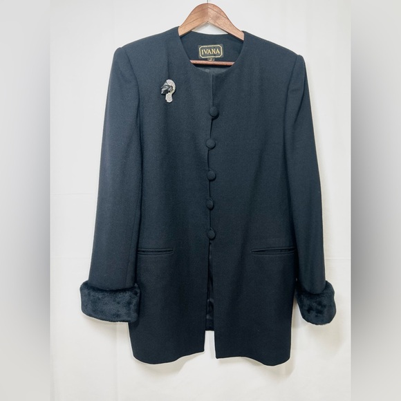 VTG Ivana Black Wool Button Down Coat Blazer Faux Fur Removable Cuffs Size 14 - Picture 1 of 14